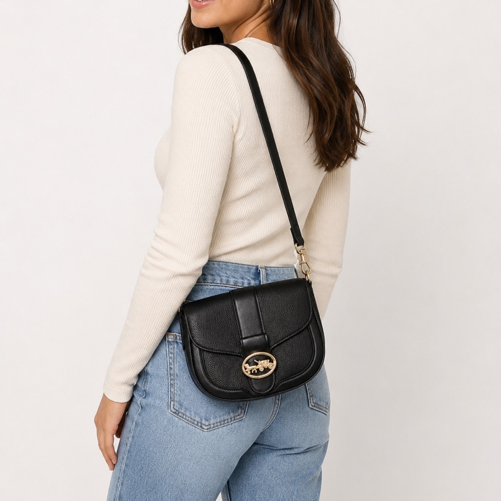 Coach - GEORGIE Black Pebbled Leather Saddle Bag with Gold Hardware